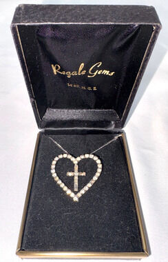 Vtg Regale Gems Man Made Diamonds Heart Cross Pendant 14KT HGE 18" Chain Broken